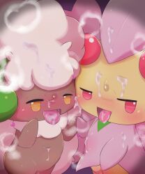 ambiguous_gender badwingm blush cherrim cum cum_on_body cum_on_face cum_on_tongue generation_4_pokemon generation_5_pokemon hand_holding heart-shaped_pupils looking_at_viewer open_mouth pokémon_(species) pokemon tongue_out whimsicott