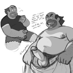 balls beard boner erection facial_hair greg_universe hornyphobic jean_shorts male male_only masturbation monochrome overweight penis penis_out shirt solo solo_male speech_bubble steven_universe tanline towel