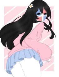 black_hair blue_eyes clothing countryhumans countryhumans_girl dominican_republic_(countryhumans) flower flower_in_hair long_hair pink_clothing safe sfw simple_background