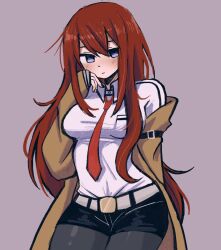 1girls :| belt black_thighhighs bow bowtie breasts brown_coat closed_mouth coat collared_shirt female female_only formal formal_clothes grey_background hand_on_own_face highres long_hair looking_at_viewer makise_kurisu medium_breasts megrocks open_clothes open_coat purple_eyes red_hair redhead shirt solo standing steins;gate suit thick_thighs thighhighs thighs tie_between_breasts white_belt white_shirt