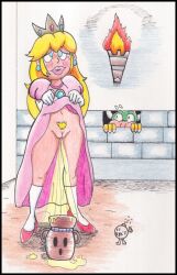 1boy 1girls 2021 blonde_hair blue_eyes bowser clothing dress dress_lift dungeon female female_focus indoors koopa male mario_(series) peeing princess_peach pubic_hair reddragonkan urine voyeur watersports