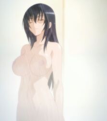 1girls anime_style big_breasts black_hair breasts eyes_closed female foggy hagiwara_sakura happy long sekai_de_ichiban_tsuyoku_naritai! showering smile smiling solo solo_female stitched visible_nipples