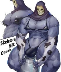 1boy bara bulge bulge_through_clothing clothing cow_print faceless_male from_behind gay hi_res male male/male male_only masters_of_the_universe milking muscular muscular_male nipple_piercing nipples not_hotspring partially_clothed pecs penile_penetration penis skeletor skull_head thick_thighs thong