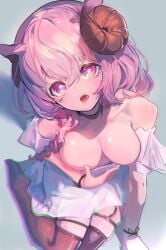 1girls cleavage clothed clothing covered_nipples female female_only goat_girl goat_horns hitsujimusume_meme horns indie_virtual_youtuber light-skinned_female light_skin looking_at_viewer monster_girl no_bra open_mouth pink_eyes solo ttc_(old_metal_666) virtual_youtuber