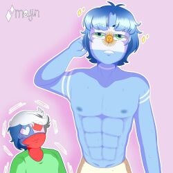 2boys argentina_(countryhumans) blue_hair chile_(countryhumans) countryhumans light_blue_body light_blue_skin light_pink_background muscular muscular_male pecs pectorals short_hair simple_background