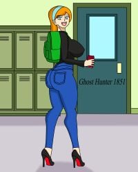 1girls alternate_version_available backpack blouse blue_eyes bubble_ass bubble_butt commentary_request danny_phantom female female_only ghosthunter1851(artist) hallway high_heels huge_ass huge_breasts jazz_fenton jeans long_hair nickelodeon red_hair school schoolgirl sideboob smile solo tight_clothing