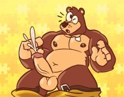 anthro balls banjo-kazooie banjo_(banjo-kazooie) bara bear belly belt_buckle big_balls big_penis bodily_fluids bottomwear bottomwear_down clothed clothing cum cumshot dizzysauce_nsfw ejaculation genital_fluids genitals humanoid_genitalia humanoid_penis male male_only mammal muscular muscular_male navel nintendo nipples pants pants_down partially_clothed pecs penis rareware slightly_chubby solo thick_thighs toony