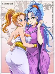 2girls big_ass big_breasts blonde_hair blue_eyes blue_hair breast_press breasts chrono_(series) chrono_trigger dress earrings english_text female female_only green_eyes large_breasts long_hair looking_at_viewer marle marle_(chrono_trigger) nipples_visible_through_clothing patreon patreon_username ponytail princess sano-br schala_zeal smile text