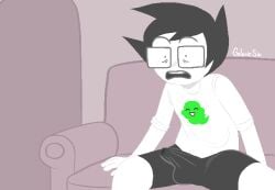 1boy awooga black_hair blush blush_lines boner boner_in_pants erection erection_under_clothes galaxicsin glasses homestuck john_egbert ms_paint_adventures precum reaction_image shocked sitting solo surprised