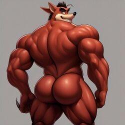 1boy ai_generated anthro ass bandicoot bara crash_(series) crunch_bandicoot frosting.ai fur furry furry_only gay male male_only marsupial muscular muscular_male simple_background solo tagme video_games