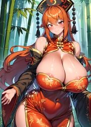 1girls 2d ai_generated bamboo bare_shoulders barely_contained barely_visible_areola barely_visible_nipples belly belly_button big_breasts blush breasts breasts_bigger_than_head cleavage detached_sleeves dress female forest forest_background ginger ginger_hair headdress headwear hips huge_breasts junko_(touhou) kokoshnik long_hair looking_at_viewer nipple_slip orange_hair outdoors red_eyes smakiel smile solo source standing thighs touhou wide_hips