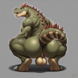 1boy ai_generated anthro ass balls broly_culo crocodilian frosting.ai fur furry furry_only gay male male_only original self_upload simple_background solo squatting tagme