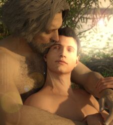 2boys 3d 3d_model android blue_eyes brown_hair connor_(detroit:_become_human) cuddling detroit:_become_human embrace embraced hank_anderson human humanoid kissing loving_embrace male male/male male_focus male_only male_pov middle_aged middle_aged_male middle_aged_man older_male_younger_male shirtless shirtless_male timebird84_(artist) white_hair