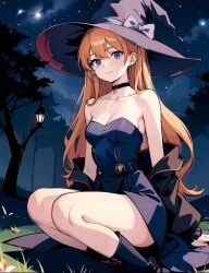 1girls ai_generated asuka_langley_sohryu bare_legs bare_shoulders bare_thighs blue_eyes long_hair neon_genesis_evangelion neopn_genesis_evangelion red_hair small_breasts small_waist teenager witch witch_costume witch_hat