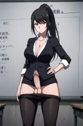 1futa ai_generated balls bangs black_hair black_legwear black_pantyhose black_skirt blackboard bottomless bottomless_futanari breasts business_suit chabashira_sae classroom classroom_of_the_elite cleavage clothing dickgirl erect erect_penis erection formal formal_clothes frown frowning futa_on_female futa_only futanari hairclip hand_on_hip hips indoors legs_apart long_hair long_sleeves looking_at_viewer no_panties pantyhose pantyhose_down pantyhose_pull penis ponytail presenting_penis school school_desk skirt skirt_suit solo solo_futa standing teacher teacher_outfit wide_hips