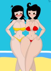 2girls ass_visible_through_thighs beach big_breasts bikini black_hair brown_eyes cindy_o'._campbell curves curvy curvy_hips female female_only glasses huge_breasts large_breasts marie_allen medium_hair micro_bikini multiple_girls nervous nervous_smile shy teddisin the_allens