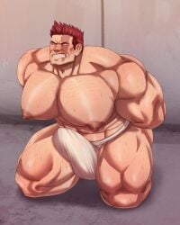 balls bara bara_tits big_pecs blush boner busty_boy endeavor_(my_hero_academia) enji_todoroki erection erection_under_clothes fundoshi ghangaji hands_behind_back male male_only muscles muscular my_hero_academia on_knees penis red_hair scar scar_across_eye solo solo_male sweat sweating