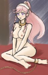 1girls bare_legs barefoot bedroom_eyes bondage braid breasts chain_leash chains collar female female_only femsub fire_emblem fire_emblem_awakening happy_sub hen_nerd indoors large_breasts leash legs long_hair nintendo olivia_(fire_emblem) open_mouth pink_hair ponytail purple_eyes slave smile solo twin_braids