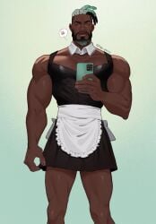 dark-skinned_male dark_skin heartsteel_k'sante heartsteel_series k'sante league_of_legends maid maid_apron maid_headdress maid_outfit maid_uniform male male_focus male_only muscles muscular muscular_male phone solo solo_focus solo_male taking_photo