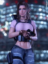 1girls 3d 3d_(artwork) abs aerith_gainsborough blue_eyes bow_ribbon bracelet final_fantasy final_fantasy_vii final_fantasy_vii_remake fingerless_gloves gun holster jeans necklace pink_topwear pistol ribbon simple_background square_enix str4hl tactical_gear torn_clothes trigger_discipline