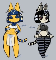 :< animal_crossing ankha ankha_(animal_crossing) anthro awd big_breasts black_hair blue_hair breasts clothed clothing duo felid feline felis female goth goth_ankha grey_fur nintendo tail yellow_fur