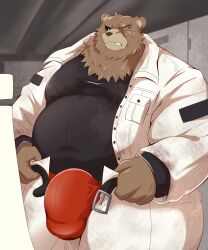 2023 absurd_res anthro bear belly belt ben_(zenless_zone_zero) ben_bigger big_bulge black_clothing black_sclera black_shirt black_topwear bottomwear brown_body bulge chocobo4869 clothing eye_scar facial_scar frustrated genital_outline hi_res jacket kemono locker_room male male_only mammal mihoyo notched_ear overweight overweight_male pants penis_outline red_clothing red_underwear scar shirt solo tight_bottomwear tight_clothing topwear underwear white_bottomwear white_clothing white_jacket white_pants white_topwear zenless_zone_zero