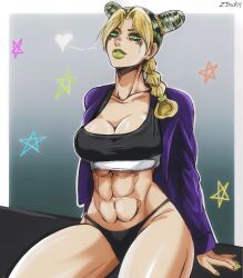 1girls abs black_panties black_topwear clothed green_eyes green_lipstick grey_background jojo's_bizarre_adventure jolyne_kujo multicolored_hair muscular muscular_female sitting solo solo_female stone_ocean tagme z3husky