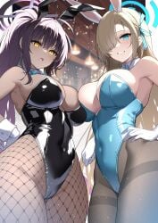 2girls :o absurdres animal_ears aosaki_yukina asuna_(blue_archive) asymmetrical_docking bare_shoulders black_hair black_leotard blonde_hair blue_archive blue_eyes blue_leotard blue_ribbon breast_press bunny_ears bunnysuit cameltoe commentary_request covered_navel cowboy_shot dark-skinned_female dark_skin detached_collar fake_animal_ears female fishnet_pantyhose fishnets gloves grey_pantyhose grin hair_over_one_eye hair_ribbon highres karin_(blue_archive) leotard long_hair looking_at_viewer multiple_girls open_mouth pantyhose playboy_bunny ponytail rabbit_ears ribbon smile standing strapless strapless_leotard thighband_pantyhose thighs very_long_hair white_gloves wrist_cuffs yellow_eyes