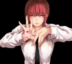 bangs black_background black_tie chainsaw_man eyes fully_clothed hair half_body heart implied_anal lips long_nails long_sleeves makima_(chainsaw_man) mamimi_(artist) neck nose red_hair shirt suggestive_gesture tie veiny_hands white_shirt yellow_eyes