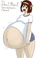 2girls annoyed big_belly bloomers brown_hair complaining cute_fangs english_text female female_only female_pred multiple_girls offscreen_character okc_ohno pyxxyl shouting spoiled suzumiya_haruhi suzumiya_haruhi_no_yuuutsu text vore vore_belly white_background