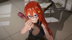 16:9 16:9_aspect_ratio 1boy 1boy1girl 1girls female female_focus glasses go-toubun_no_hanayome handjob indoors light-skinned light-skinned_female light_skin long_hair looking_at_penis male nakano_itsuki open_eyes penis penis_grab penis_tip red_hair room star_hair_ornament testicles transparent_male veiny_penis