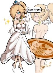 blonde_hair blue_eyes breasts bridal_gown bridal_veil bride female female_only mario_(series) nintendo princess_rosalina solo super_mario_galaxy super_mario_odyssey wedding_peach_(super_mario_odyssey)_(cosplay) yamino_ekakinin