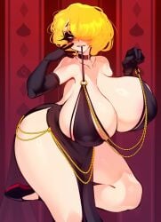 big_breasts bitting black_dress breasts cleavage dress female_only jewelry keiko_(sachiko2s) large_breasts looking_at_viewer orange_hair sachiko seductive seductive_eyes seductive_look seductive_smile thick_thighs thighs