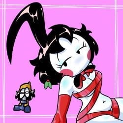 1girls 2020s 2023 algob4v armwear black_hair bowtie female female_focus linda_(algob4v) mob_face oc original_character pink_background red_ribbon ribbon ribboned_body tagme white_body