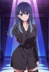 ai_generated artkoikoi asian asian_female big_breasts blue_eyes blue_hair blush green_eyes highres hourglass_figure kurokawa_akane looking_at_viewer oshi_no_ko patreon patreon_username posing posing_for_the_viewer stockings thighhighs trenchcoat