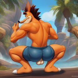 1:1 1boy ai_generated anthro ass balls bandicoot broly_culo brown_hair clenched_teeth crash_(series) crash_bandicoot frosting.ai fur furry furry_only gay lowres male male_only marsupial muscular orange_fur palm_tree self_upload shorts solo squatting tagme tan_fur two_tone_fur video_games