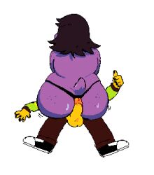 anthro ass balls big_butt black_clothing black_footwear black_panties black_shoes black_underwear bottomwear brown_bottomwear brown_clothing brown_hair brown_pants clothed clothing deltarune dinosaur duo female female_on_top footwear genitals gesture green_clothing green_sweater green_topwear hair hot_dogging huge_butt human kris_(deltarune) male mammal mostly_nude on_top panties pants peachrot penis purple_body purple_scales rear_view reptile scales scalie simple_background susie_(deltarune) sweater thumbs_up topwear undertale_(series) underwear white_background yellow_body yellow_skin