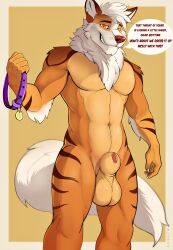 2023 animal_genitalia anthro arcanine balls blaker collar dialogue english_text generation_1_pokemon genitals hi_res holding_collar holding_object male male_only nintendo penis penis_tip pokemon pokemon_(species) sheath simple_background solo speech_bubble standing stripes text