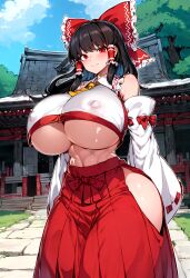 1girls 2d abs ai_generated bare_shoulders belly belly_button big_breasts black_hair blush breasts breasts_bigger_than_head crop_top detached_sleeves female hair_ribbon hakama long_hair looking_at_viewer nipple_bulge outdoors red_eyes reimu_hakurei shrine shrine_maiden sidelocks smakiel solo source standing tied_hair touhou