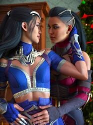 2girls 3d black_hair christmas clone clonecest edenian eye_contact female female_only festive fireplace fully_clothed hand_on_hip head_in_hand hug imminent_kiss incest kitana kiteena mileena mohleena mortal_kombat mortal_kombat_1_(2023) princess rayalterego23 royalty sisters spit yuri