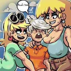 1boy 2girls big_breasts blonde_hair blush breasts collar curvy earrings freckles glasses_on_head huge_breasts incest leni_loud lincoln_loud lori_loud mole nickelodeon nipple_bulge penicilino123 pepitocuario123 pleasure_face smiling spanish_text the_loud_house touching white_hair white_skin worried worried_expression worried_face