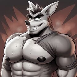 1boy ai_generated anthro bara crash_(series) crunch_bandicoot frosting.ai fur furry furry_only gay male male_only marsupial monochrome muscular muscular_male nipples simple_background solo sweatdrop tagme video_games