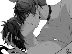 2boys bare_pectorals bare_shoulders bite_mark bite_mark_on_neck bite_marks blush collar collarbone deep_kiss earrings eyeliner genshin_impact greyscale jewelry kissing lying makeup male monochrome multiple_boys on_back pectorals red_eyeliner saliva saliva_trail single_earring tartaglia_(genshin_impact) white_background yaoi zhongli_(genshin_impact) 废鱼点心