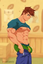 1boy abs absurdres alex_(stardew_valley) alternate_pectoral_size ass ass_lift ball bara boxers brown_hair bulge bulge_lift clothes_lift denim dressing feet_out_of_frame from_side green_eyes green_male_underwear highres jeans large_pectorals looking_at_viewer male_focus male_only male_underwear meme motion_lines muscular muscular_male navel nipples open_pants pants pants_lift pectorals penis penis_peek rugby_ball scar scar_on_cheek scar_on_face shintaruto shirt_lift short_hair solo solo_male stardew_valley stomach thick_eyebrows tight_pants_(meme) underpec undersized_clothes underwear