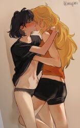 2girls black_hair black_panties blake_belladonna blonde_hair blush breast_grab cat_ears clothed_sex female female_only half-closed_eyes kemonomimi multiple_girls naizo_(kimosugimasu) prosthetic_arm pussy_juice rwby sweat thigh_sex yang_xiao_long yuri