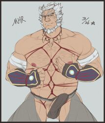 balls bara beard boner erection erection_under_clothes face_markings facial_hair fugen_(monster_hunter_rise) glensaru male male_only monster_hunter monster_hunter_rise muscles muscular penis rope shirtless solo solo_male white_hair