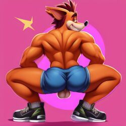 1:1 1boy ai_generated anthro ass balls bandicoot broly_culo crash_(series) crash_bandicoot footwear frosting.ai fur furry furry_only gay looking_at_viewer looking_back lowres male male_only marsupial muscular muscular_male orange_eyes pink_background red_hair seductive_smile self_upload shorts simple_background socks solo squatting tagme tan_fur two_tone_fur video_games