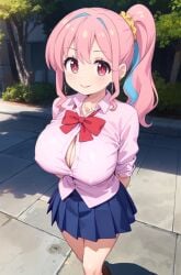 ai_generated big_breasts erect_nipples_under_clothes gyaru hair_ornament hozuki_kaede multicolored_hair onii-chan_wa_oshimai! pink_eyes pink_hair ponytail school_uniform stable_diffusion