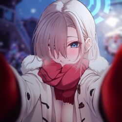 1girls asuna_(blue_archive) blue_archive blue_eyes breasts breasts_squeezed_together color female female_focus female_only lips looking_at_viewer meme only_female pov pov_cheek_warming scarf solo_focus white_hair wholesome