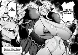 1girls amazon big_breasts bigger_female bikini_armor breasts choker cloak dark-skinned_female desmos_salamandis fangs female giant giantess horns huge_breasts long_hair manga mikagami_kouji mini_giantess muscular_female navel reincarnation_colosseum scars sharp_teeth tall_female taller_girl thick_thighs zunta